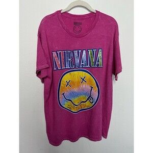 Nirvana Sz L Pink Smiley Face T-Shirt Mineral Wash Short Sleeve Tie-Dye Cotton